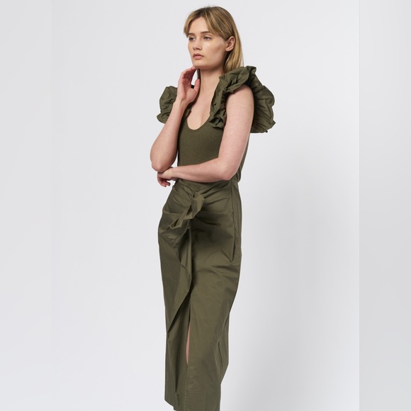 Ulla Johnson Isabella Combo Ruffle Midi Dress Olive Army Green Size P Small - Picture 10 of 11